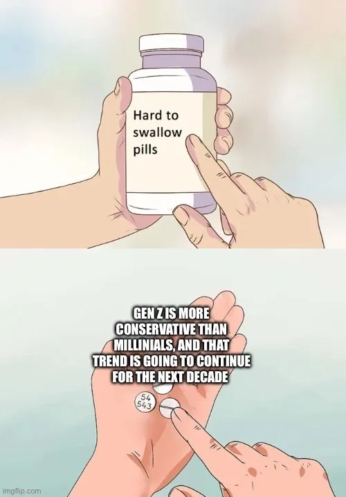 The image is a two-panel meme. The top panel shows a hand holding a pill bottle labeled 'Hard to swallow pills'. The bottom…