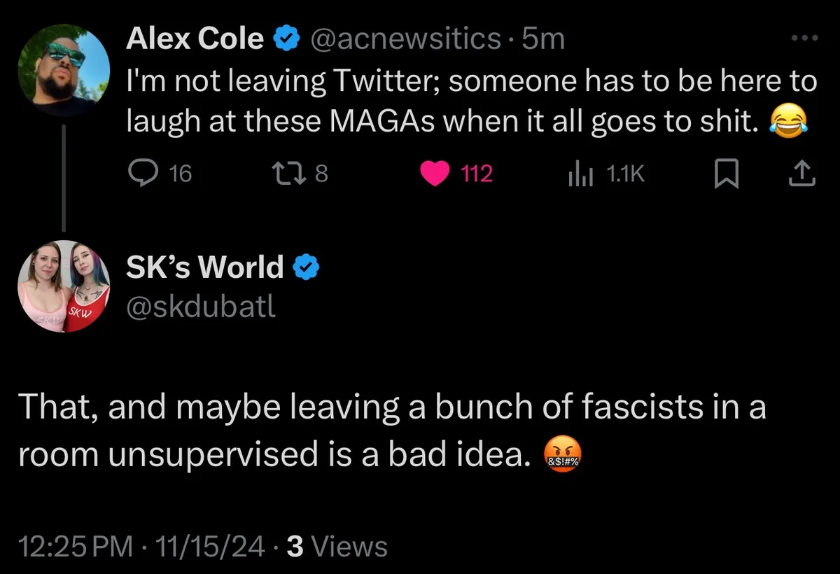 A screenshot of two Twitter replies. The first by Alex Cole says 'I'm not leaving Twitter; someone has to be here to laugh…
