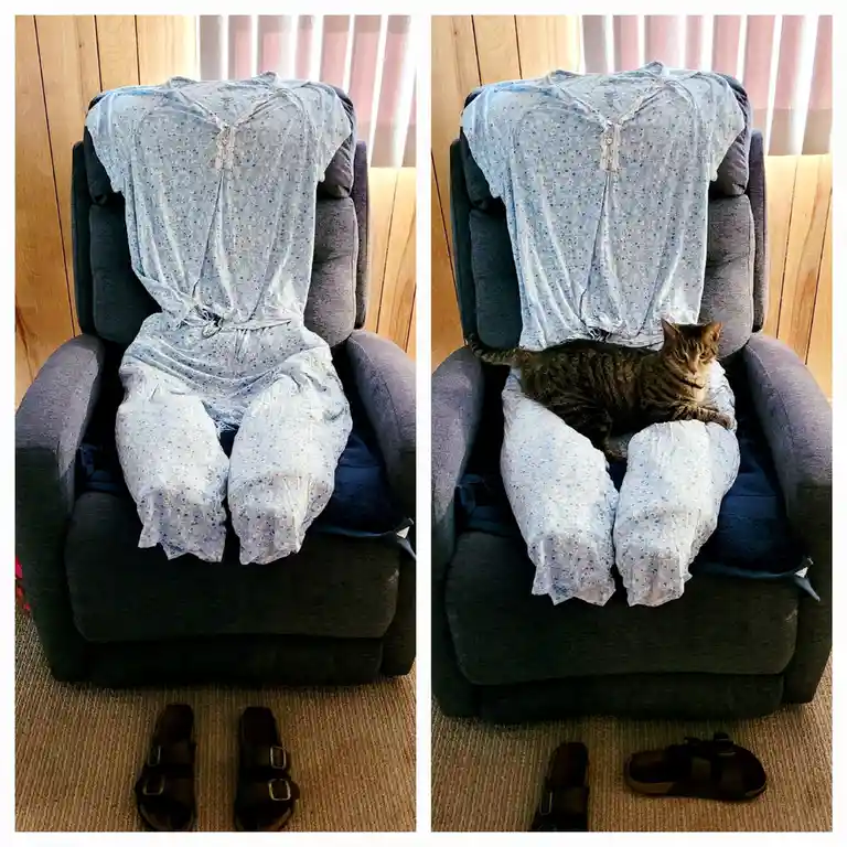 Two side-by-side photos show a grey recliner chair with light blue floral pajamas draped over it, mimicking a person…
