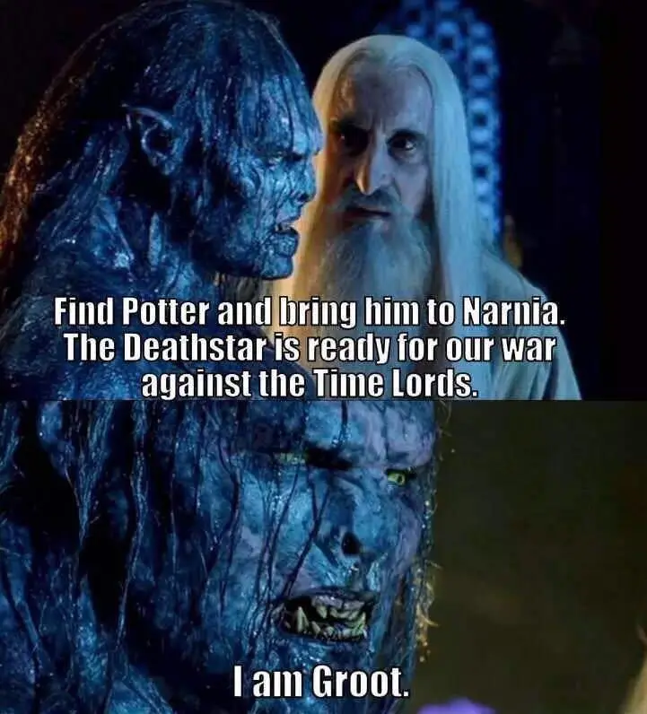 The image shows two scenes from a movie. In the top panel, a blue-skinned orc-like creature faces a white-haired, bearded…