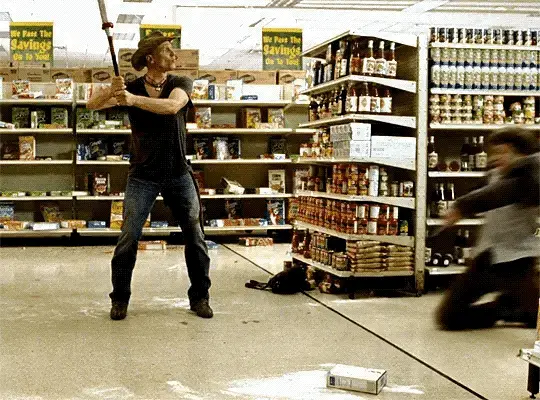 A six-panel image sequence from a movie showing a man in a black shirt wielding a baseball bat in a supermarket aisle…