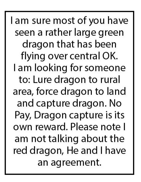 A black-and-white image displays a block of text resembling a public notice or flyer. The text humorously asks for…