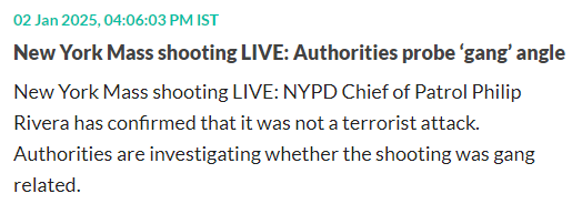 A screenshot of a news article headline from January 2, 2025, at 4:06 PM IST, reporting on a New York mass shooting. The…