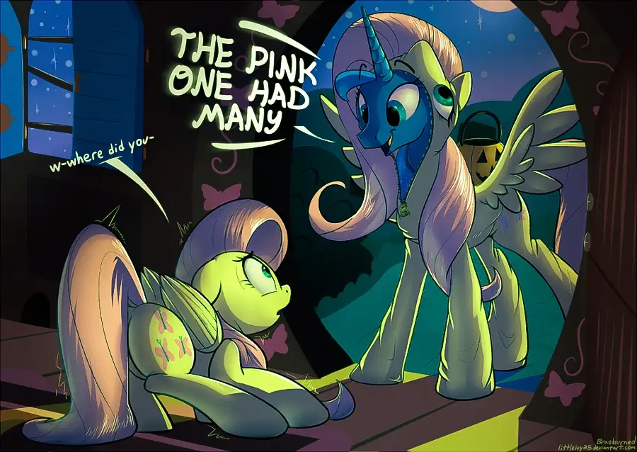 A cartoon pony with a purple mane and green eyes, wearing a Halloween costume, stands in a doorway at night, looking down at…