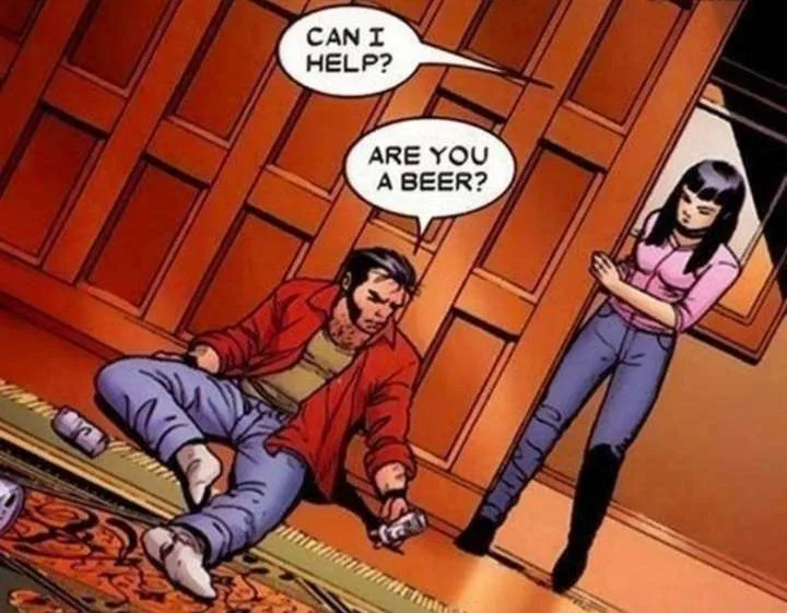 A comic panel shows a man in a red jacket sitting on the floor amidst empty beer cans, looking drunk. A woman in a pink…