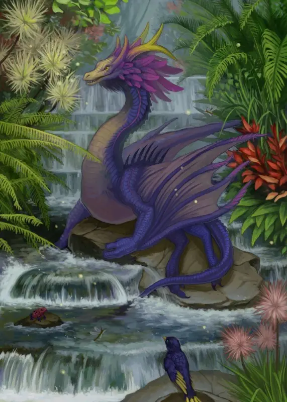 A purple dragon with yellow horns and feathered wings sits calmly on a rock in a lush, tropical jungle with waterfalls and…
