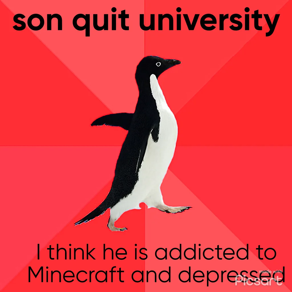 A black-and-white penguin walks against a red background with diagonal stripes. The top text reads 'son quit university' and…