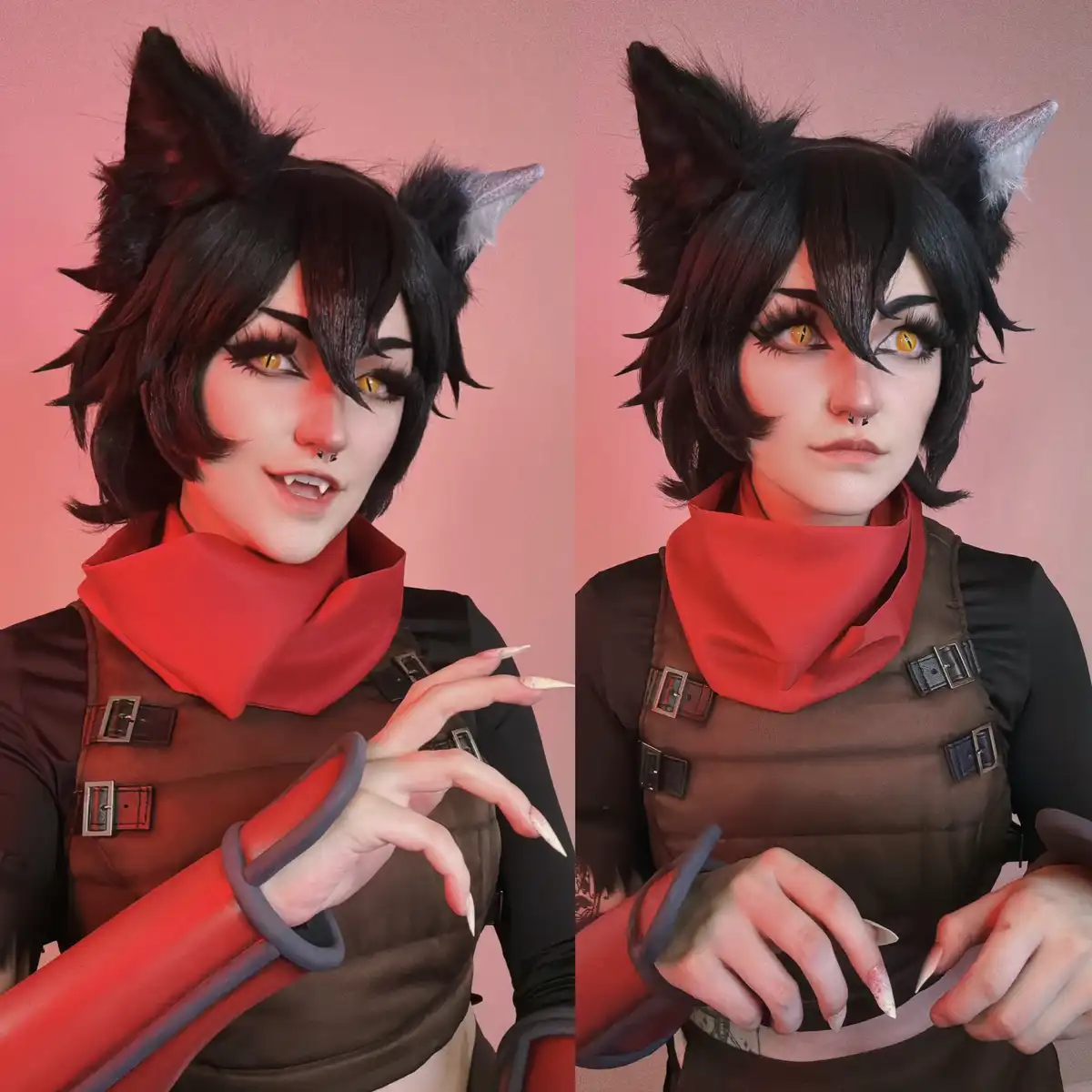 A split-screen image shows a person in a cosplay with black cat ears, yellow eyes, and fangs, wearing a red scarf and brown…