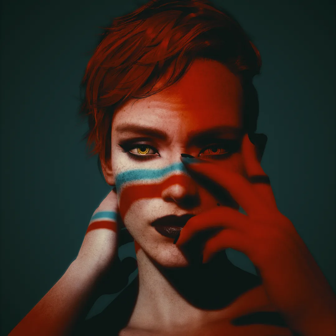 A person with short hair and striking yellow eyes has red, white, and blue stripes painted across their face and hand…