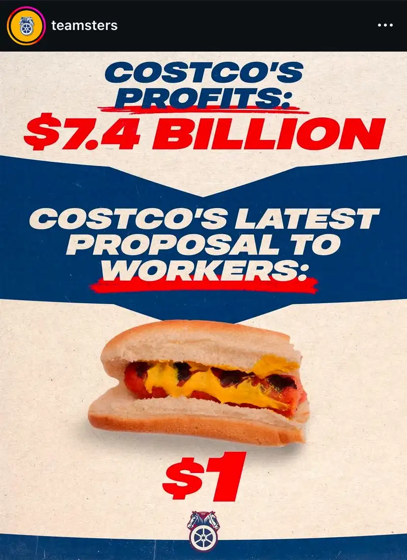 A graphic resembling a corporate announcement poster displays 'COSTCO'S PROFITS: $7.4 BILLION' in large red and blue text…