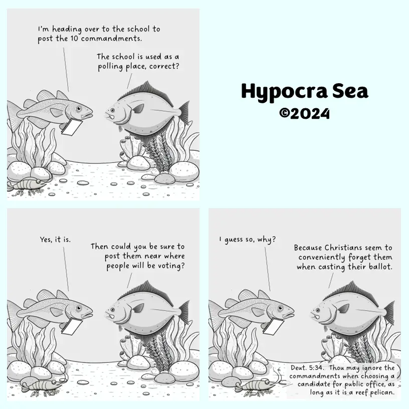 A four-panel comic featuring two fish in an underwater setting, one holding a piece of paper. The dialogue humorously…