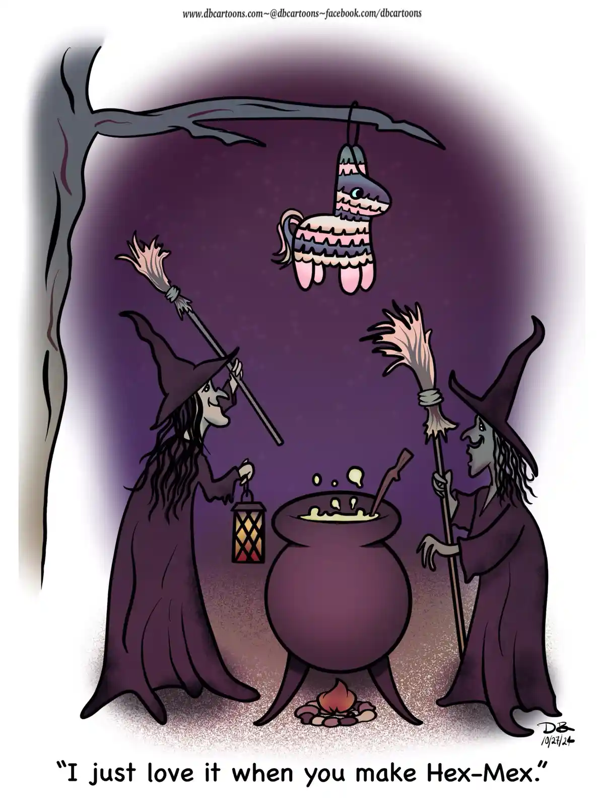 Two cartoon witches in purple robes and pointy hats stand around a bubbling cauldron over a small fire, each holding a…