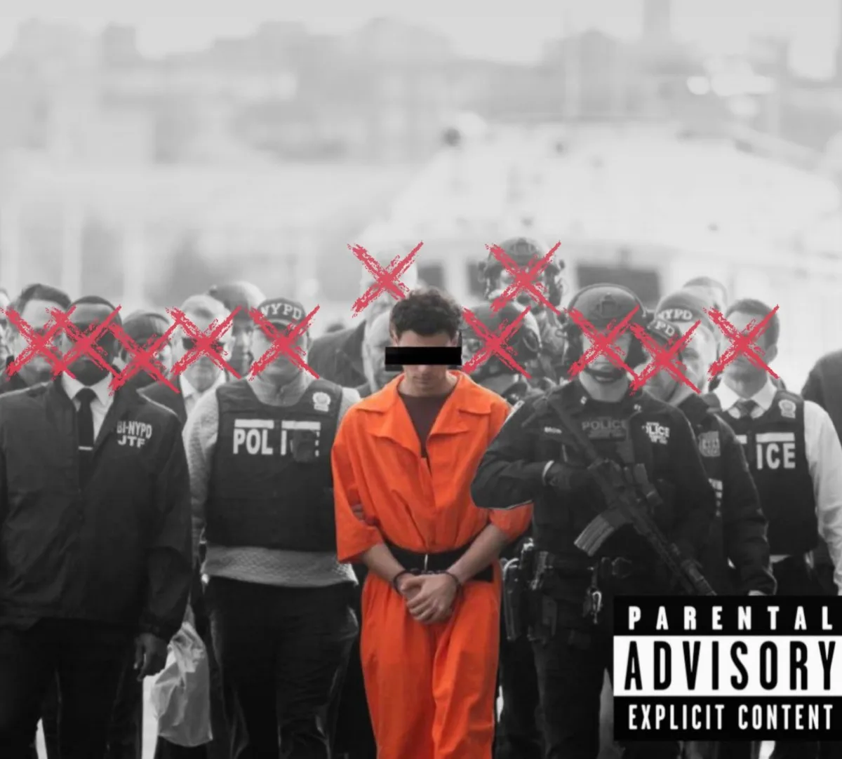 A black-and-white photo shows a person in an orange jumpsuit surrounded by police officers, with red X's over their faces…