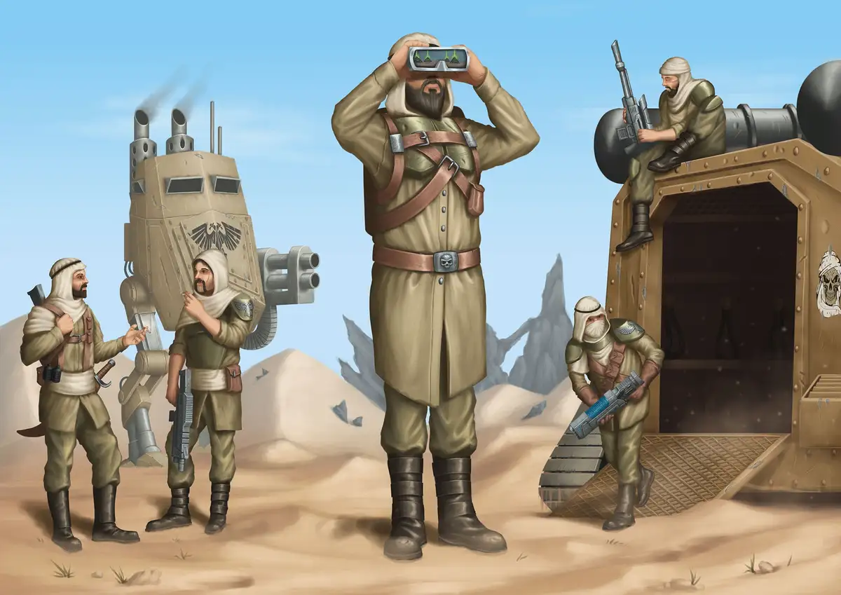 A desert military scene features soldiers in beige uniforms and head coverings, with one central figure using binoculars…