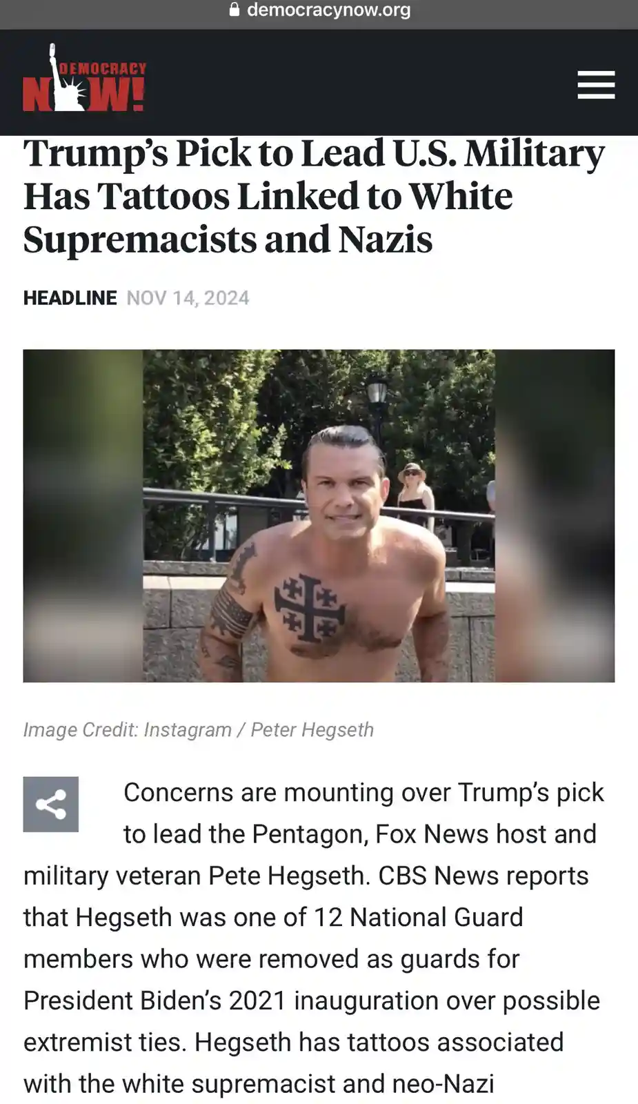 A screenshot of a Democracy Now! news article from November 14, 2024, featuring a photo of a shirtless man with a large…