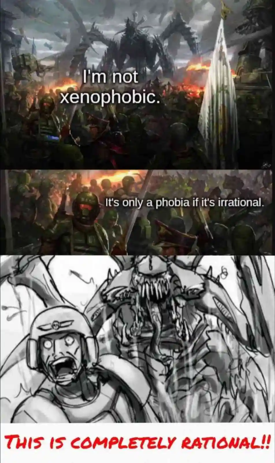 The meme is a three-panel image. The top panel shows green-armored soldiers in a war-torn, alien landscape with giant…