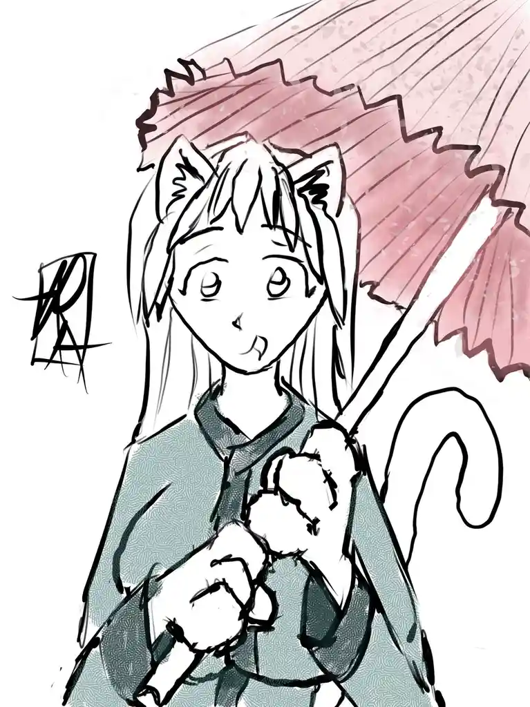 A sketch-style anime girl with cat ears and a tail holds a pink umbrella while wearing a green patterned top. She has a…