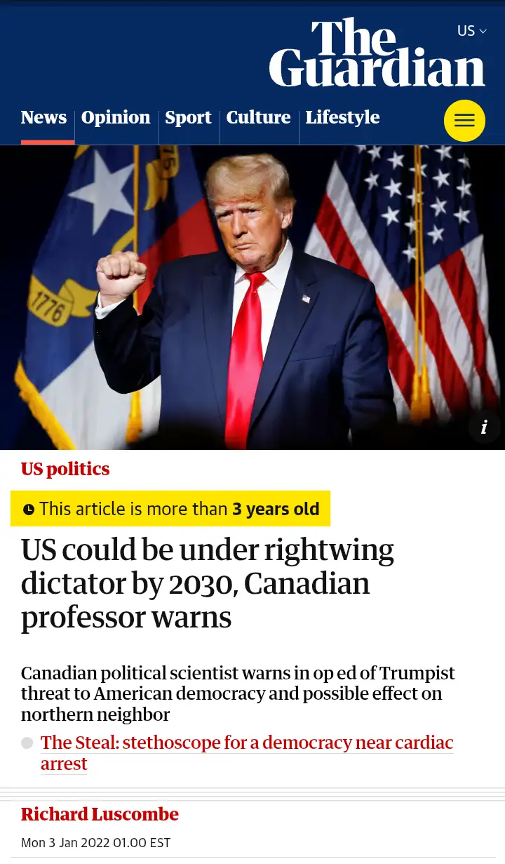 A screenshot of a The Guardian article from January 2022, featuring a photo of Donald Trump with his fist raised, standing…
