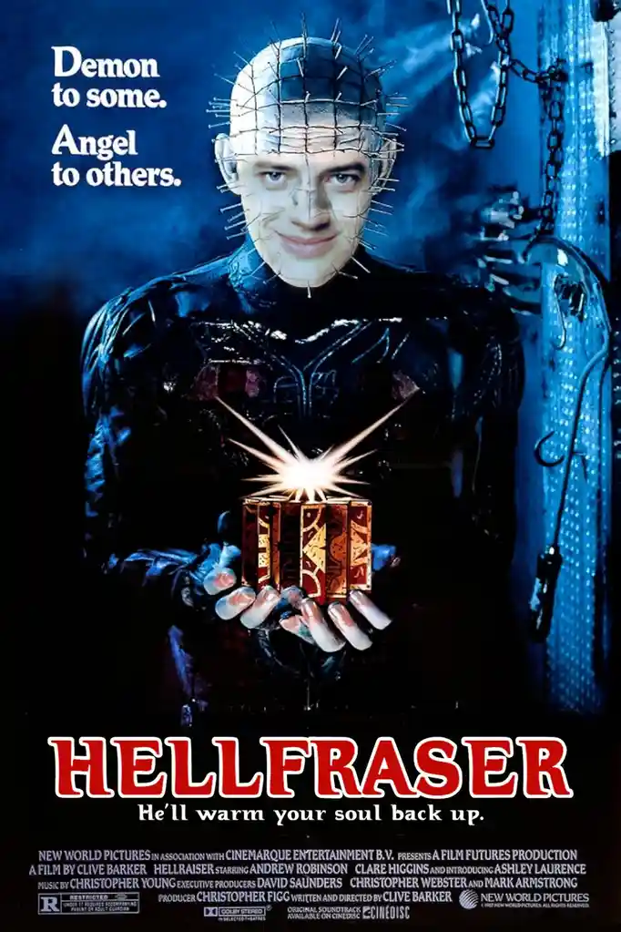 A movie poster for 'Hellfraser' features a man with a pin-covered head holding a glowing box, with the tagline 'Demon to…