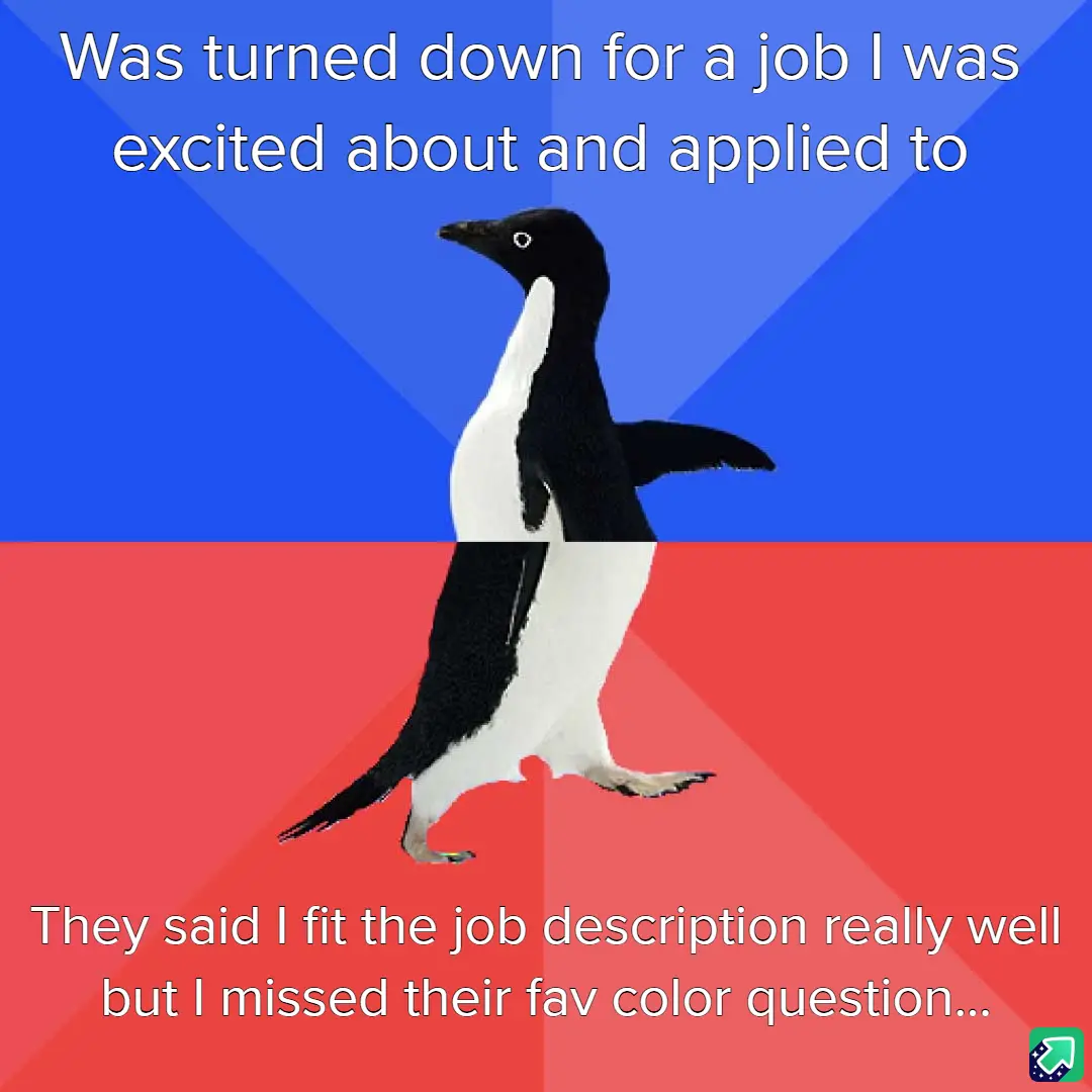 A penguin stands centered against a split background of blue and red, with white text overlaid in two sections. The top text…