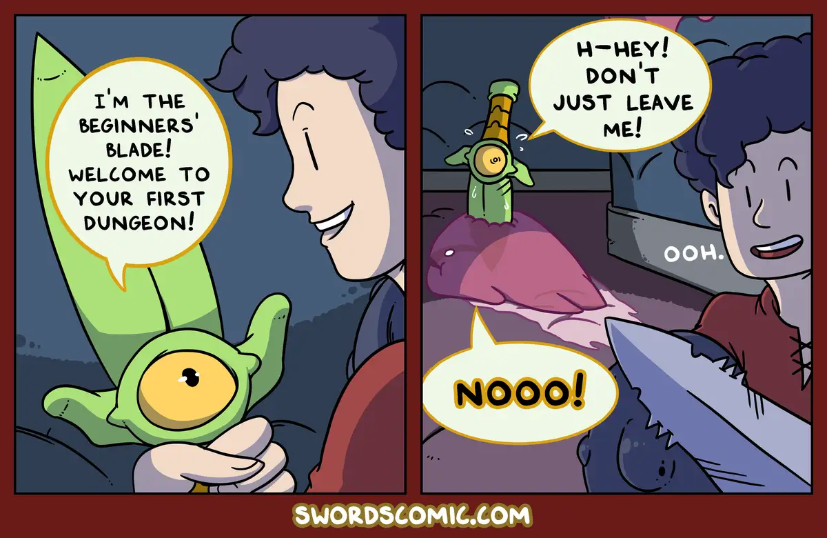 A two-panel comic shows a character holding a cheerful, green, sentient sword that says 'I'M THE BEGINNERS' BLADE! WELCOME…