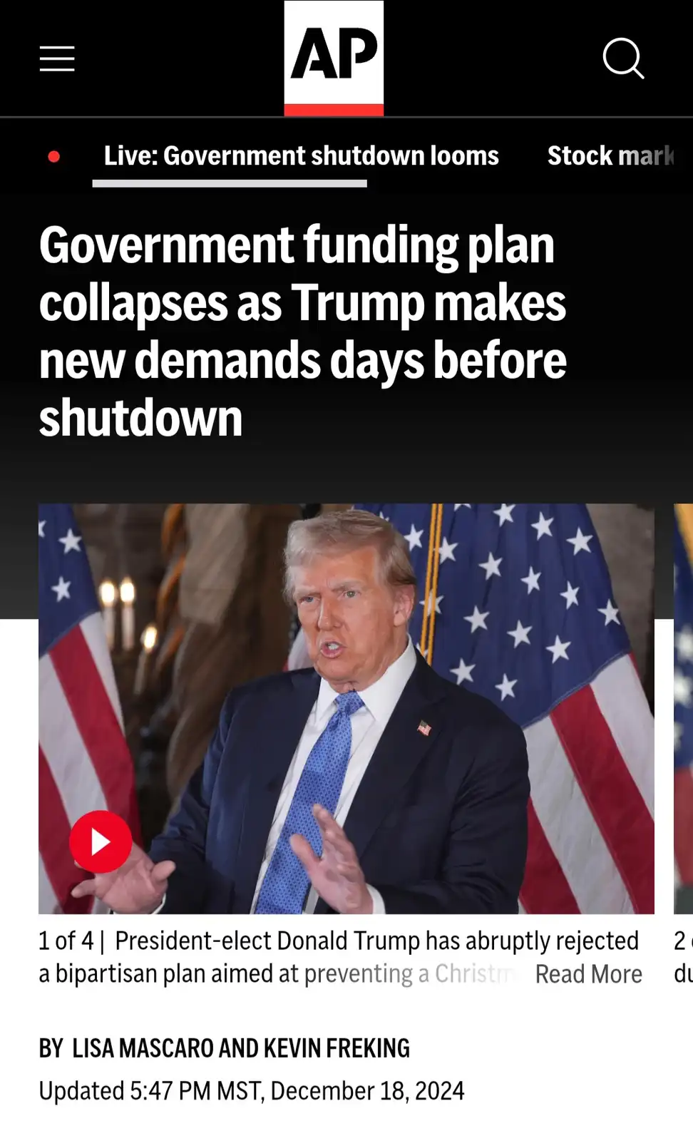 A screenshot of an Associated Press news article shows a photo of Donald Trump speaking in front of American flags. The…