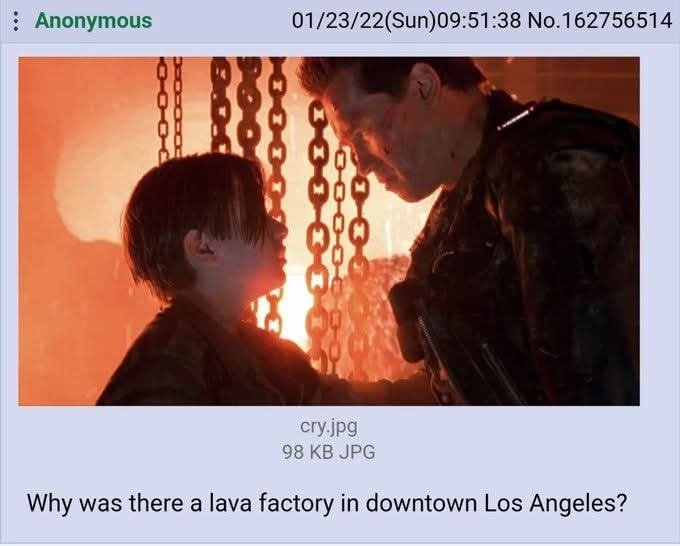 A still from the movie 'Terminator 2: Judgment Day' shows a young boy looking up at the Terminator, who is leaning down…