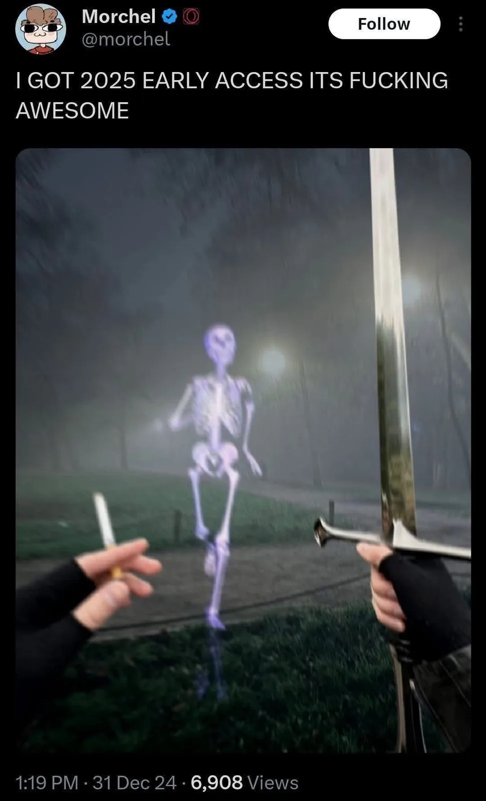 A first-person view shows a hand holding a cigarette and another hand gripping a sword, facing a glowing purple skeleton in…