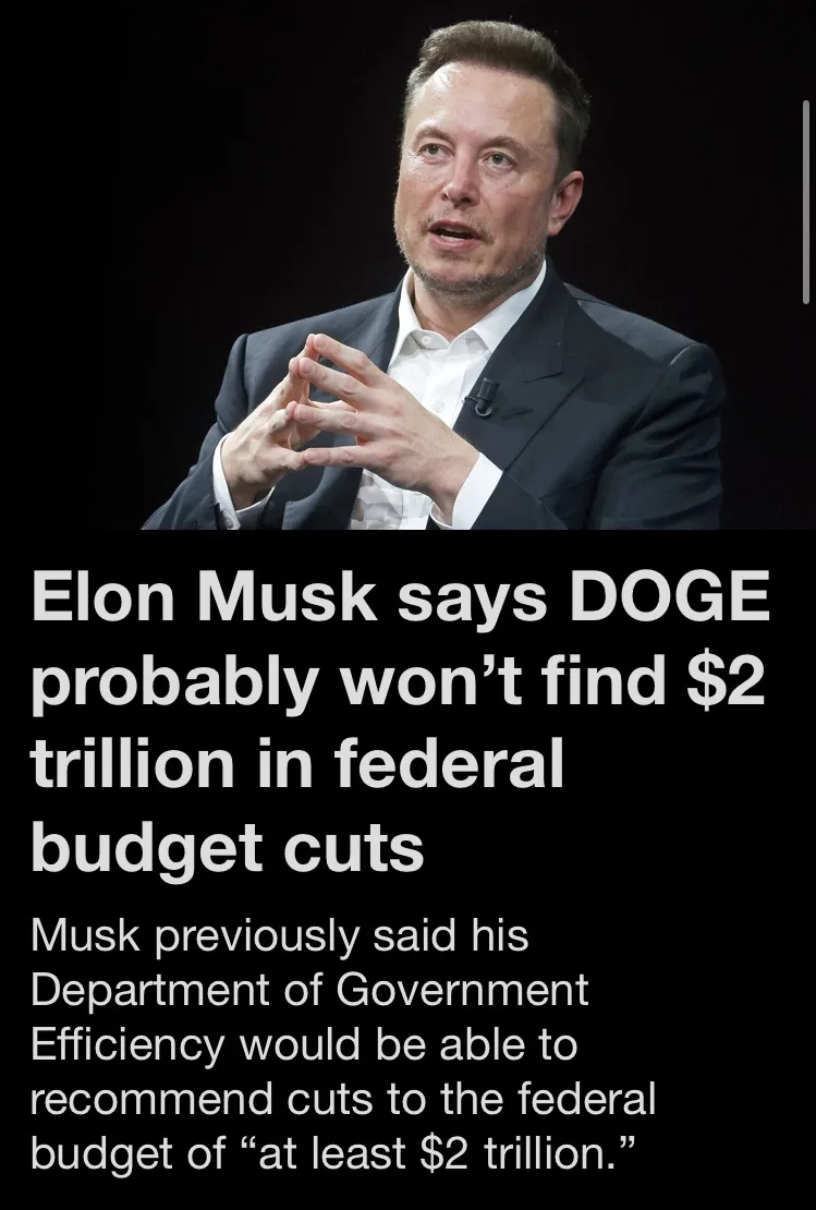 A photo of Elon Musk speaking with his hands clasped, overlaid with text claiming he said DOGE (a cryptocurrency) won't find…