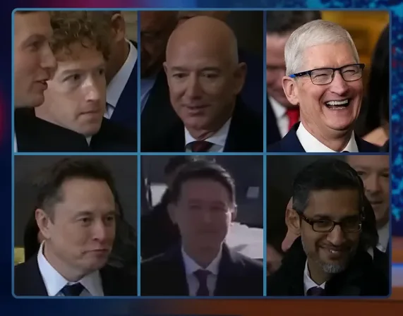A six-panel grid shows six men in suits: Mark Zuckerberg (top left), Jeff Bezos (top middle), Tim Cook (top right), Elon…