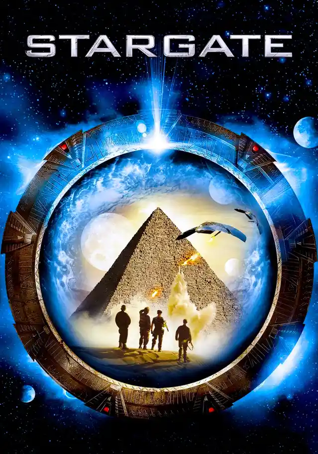The image is the official movie poster for 'Stargate,' featuring a large, glowing circular stargate device against a starry…