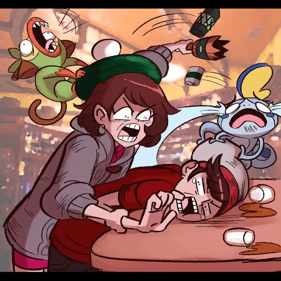 An anime-style illustration shows a woman in a grey hoodie and green beret angrily grabbing a man in a red shirt by the face…