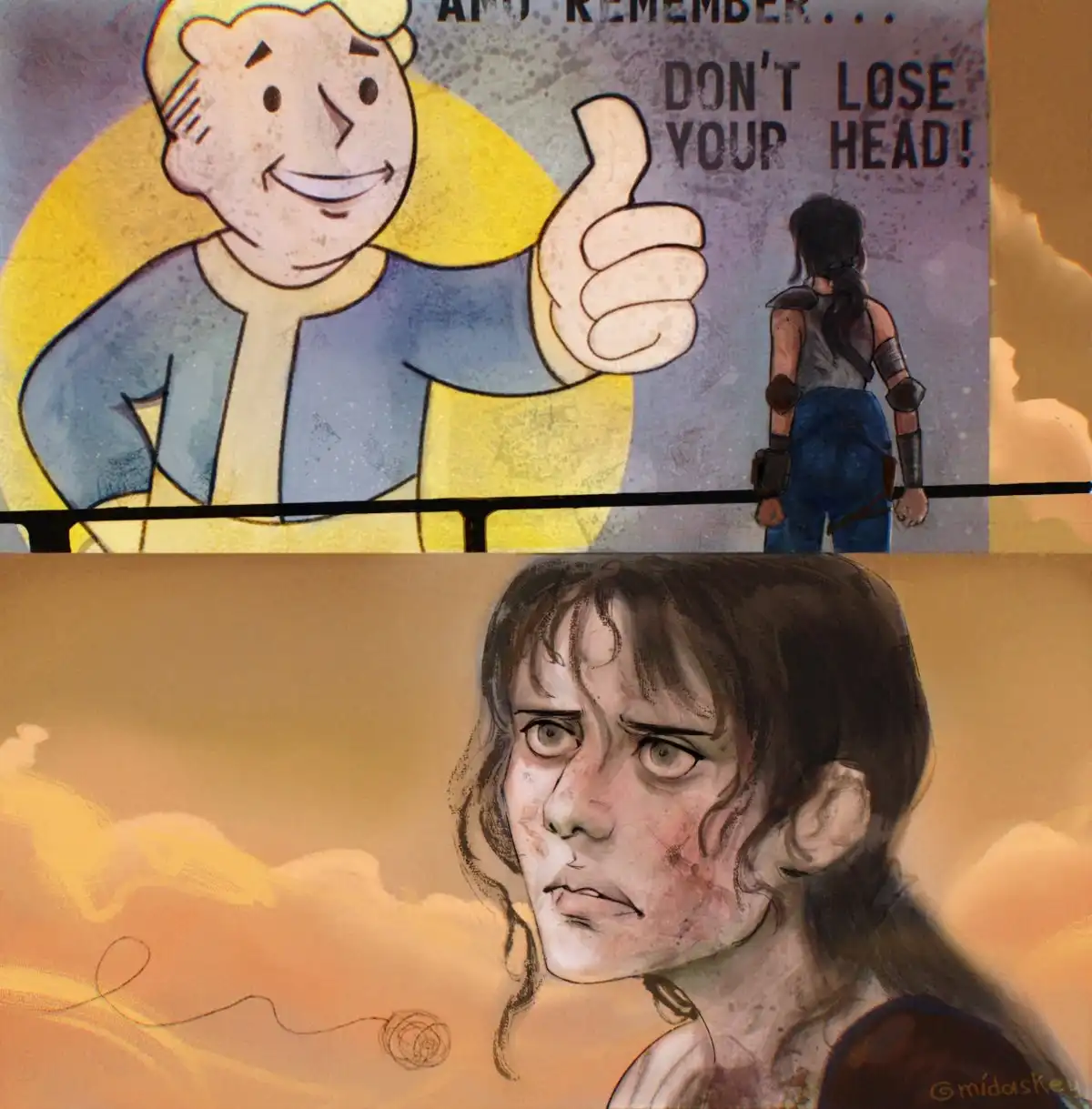 The top panel shows a cartoonish Vault Boy from Fallout giving a thumbs-up while text reads 'AND REMEMBER... DON'T LOSE YOUR…