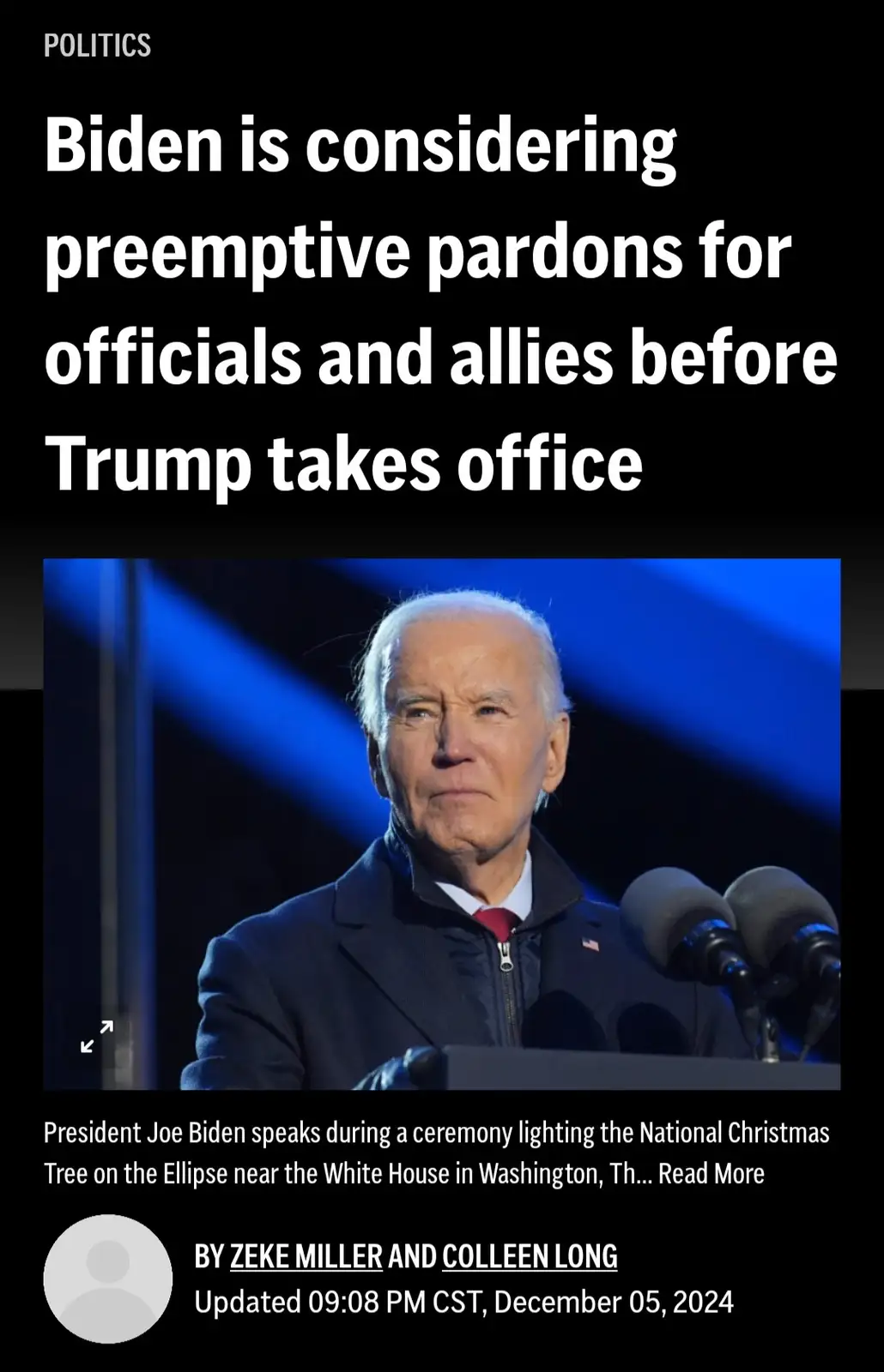 A screenshot of a news article header with the headline 'Biden is considering preemptive pardons for officials and allies…