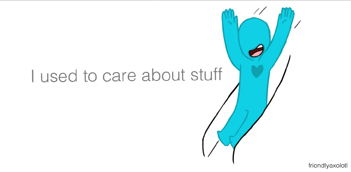 A simple cartoon drawing shows a blue, heart-shaped figure with arms raised in apparent joy or release, seemingly falling or…