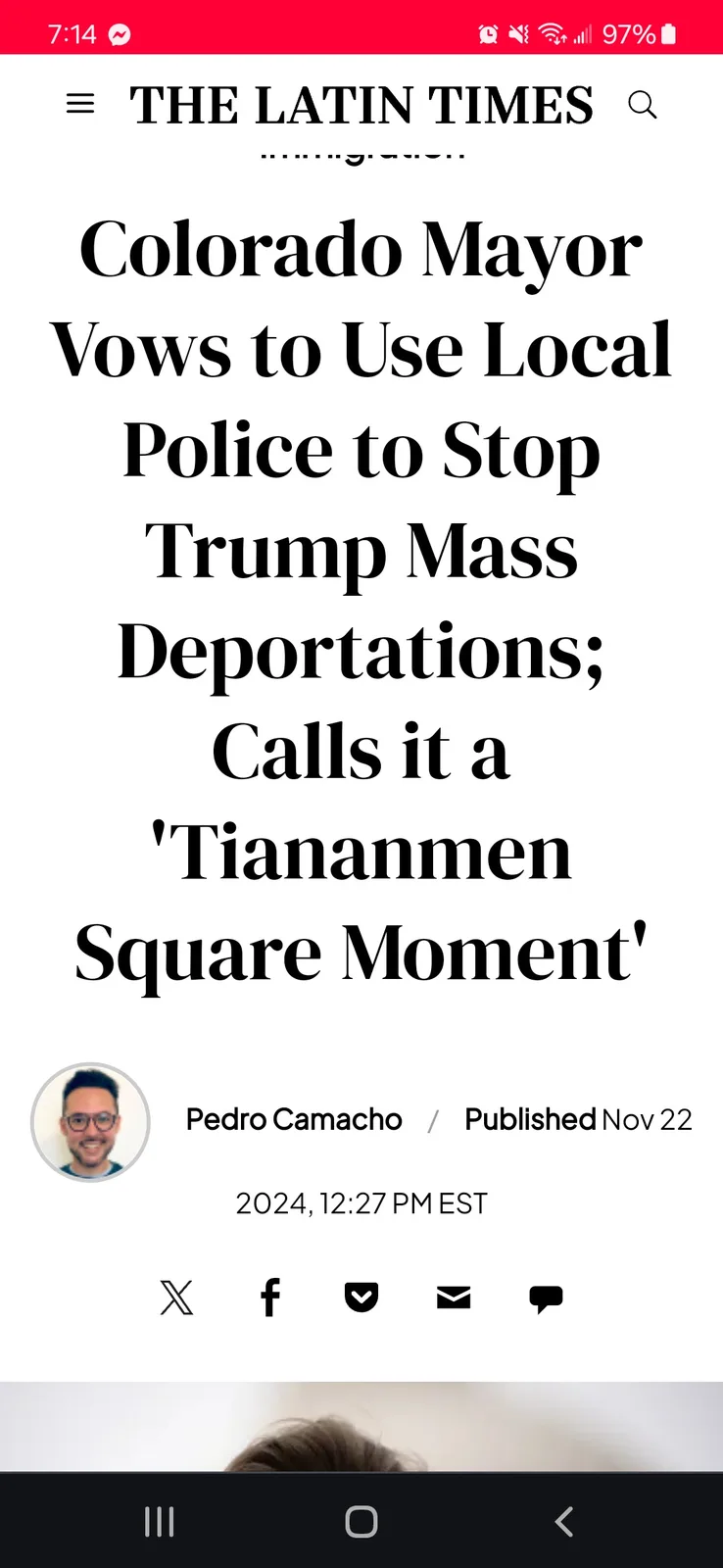 The image displays a mock news article from 'The Latin Times' with a headline that reads 'Colorado Mayor Vows to Use Local…