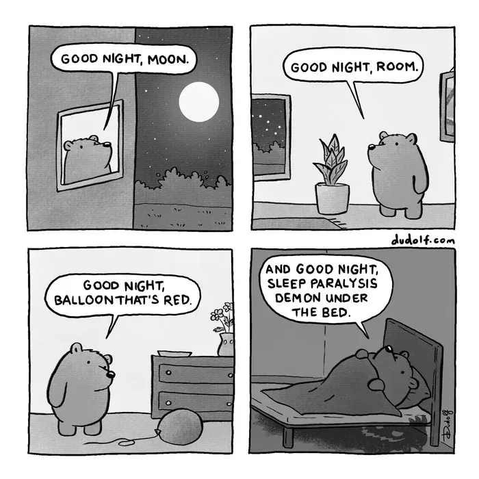 A four-panel comic strip by Dudolf shows a bear saying goodnight to the moon, then the room, then a red balloon, and finally…