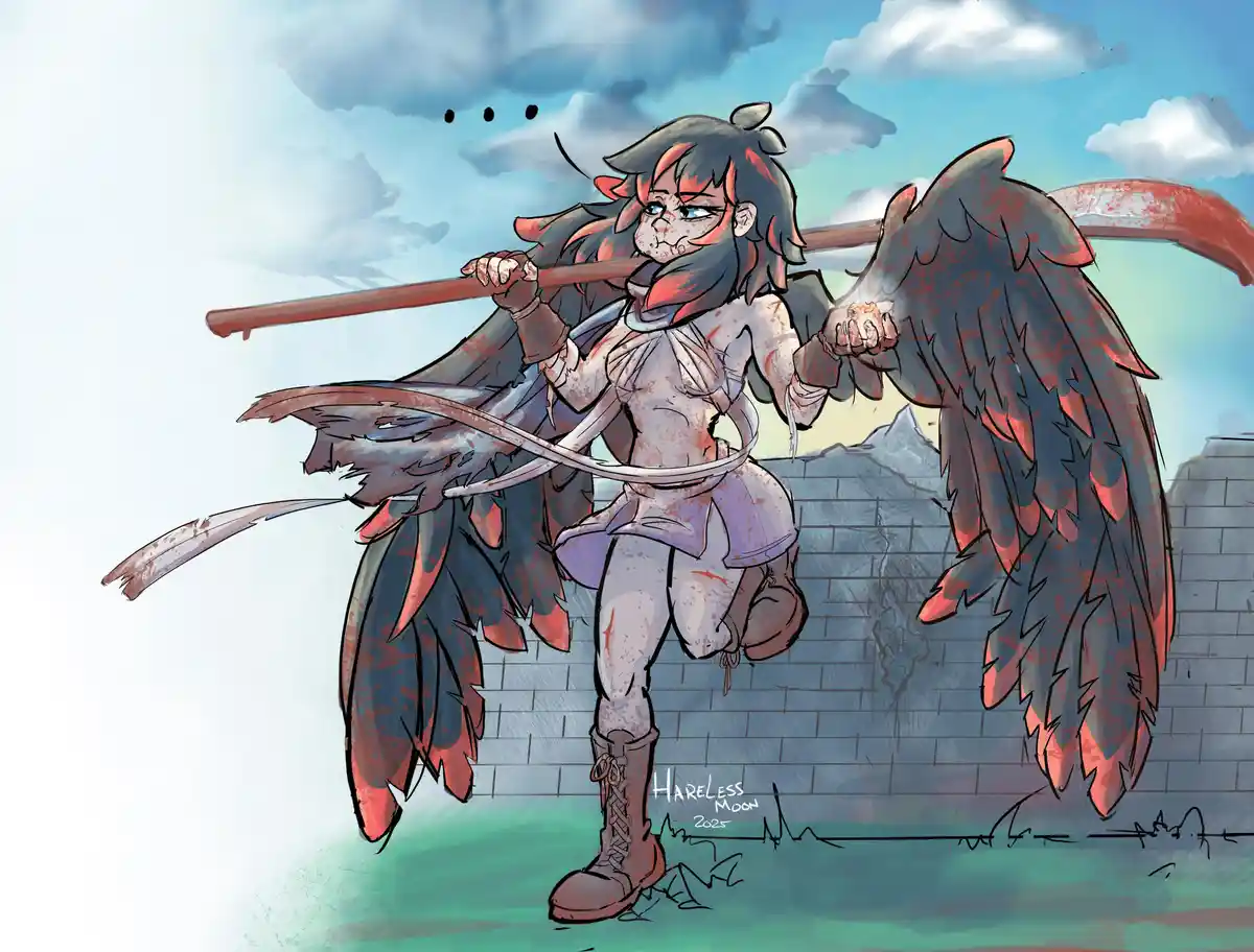 A tired, battle-worn anime-style angel with large, tattered wings and a staff stands against a cloudy sky and brick wall…