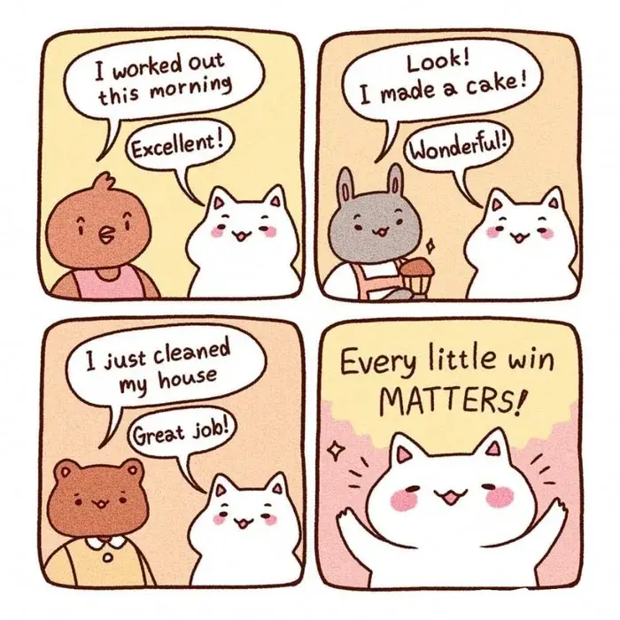 A four-panel comic strip featuring a white cat praising various animal friends for small accomplishments: a bird for working…