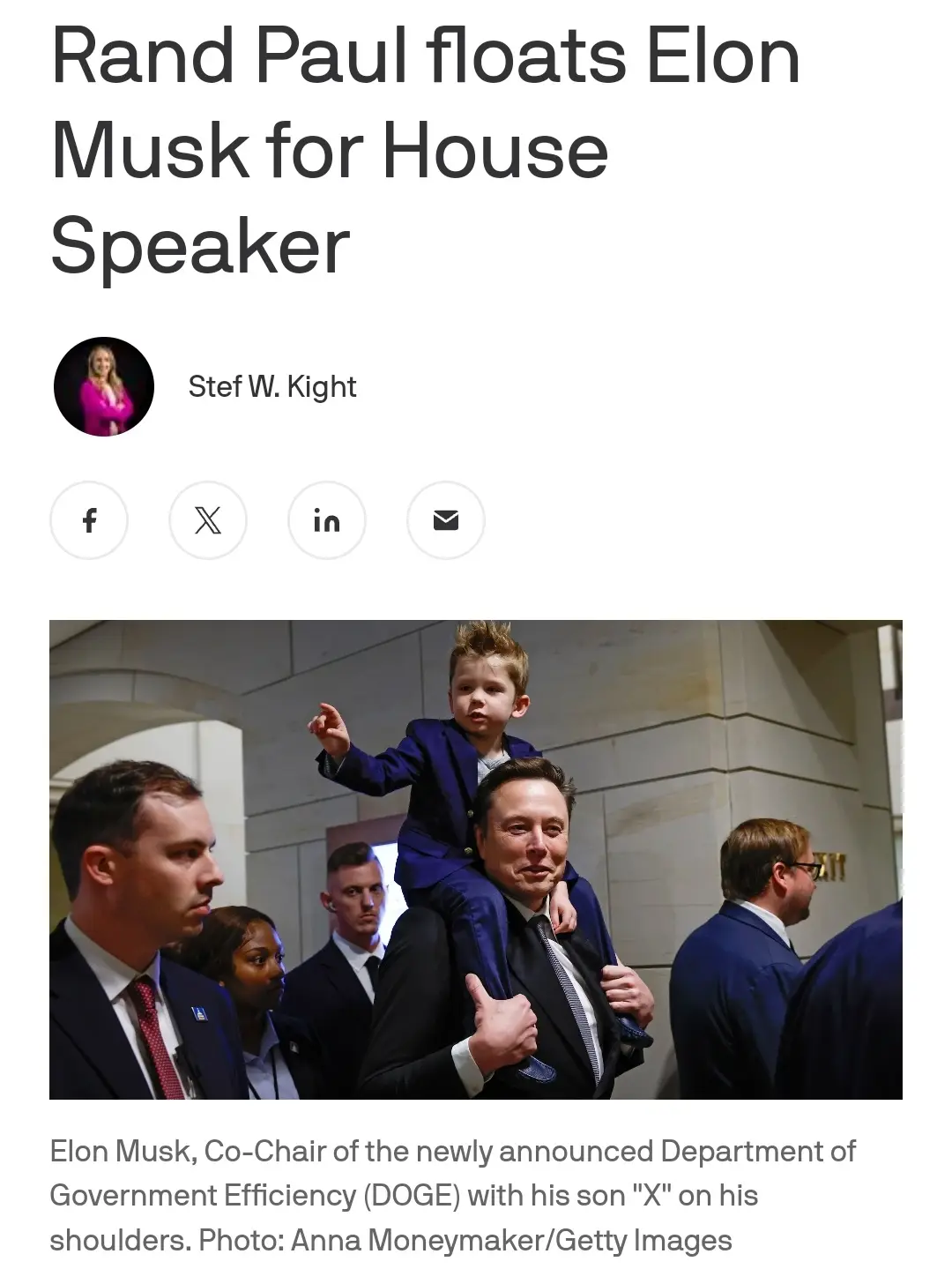 A news article screenshot shows a photo of Elon Musk carrying his young son on his shoulders while giving a thumbs-up…
