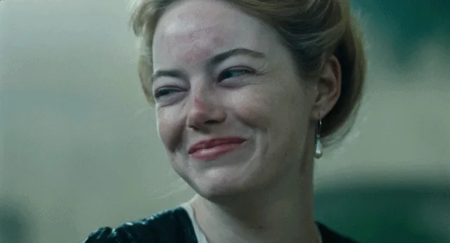 A six-panel image sequence shows actress Emma Stone in a movie scene, transitioning from a forced, strained smile to a…