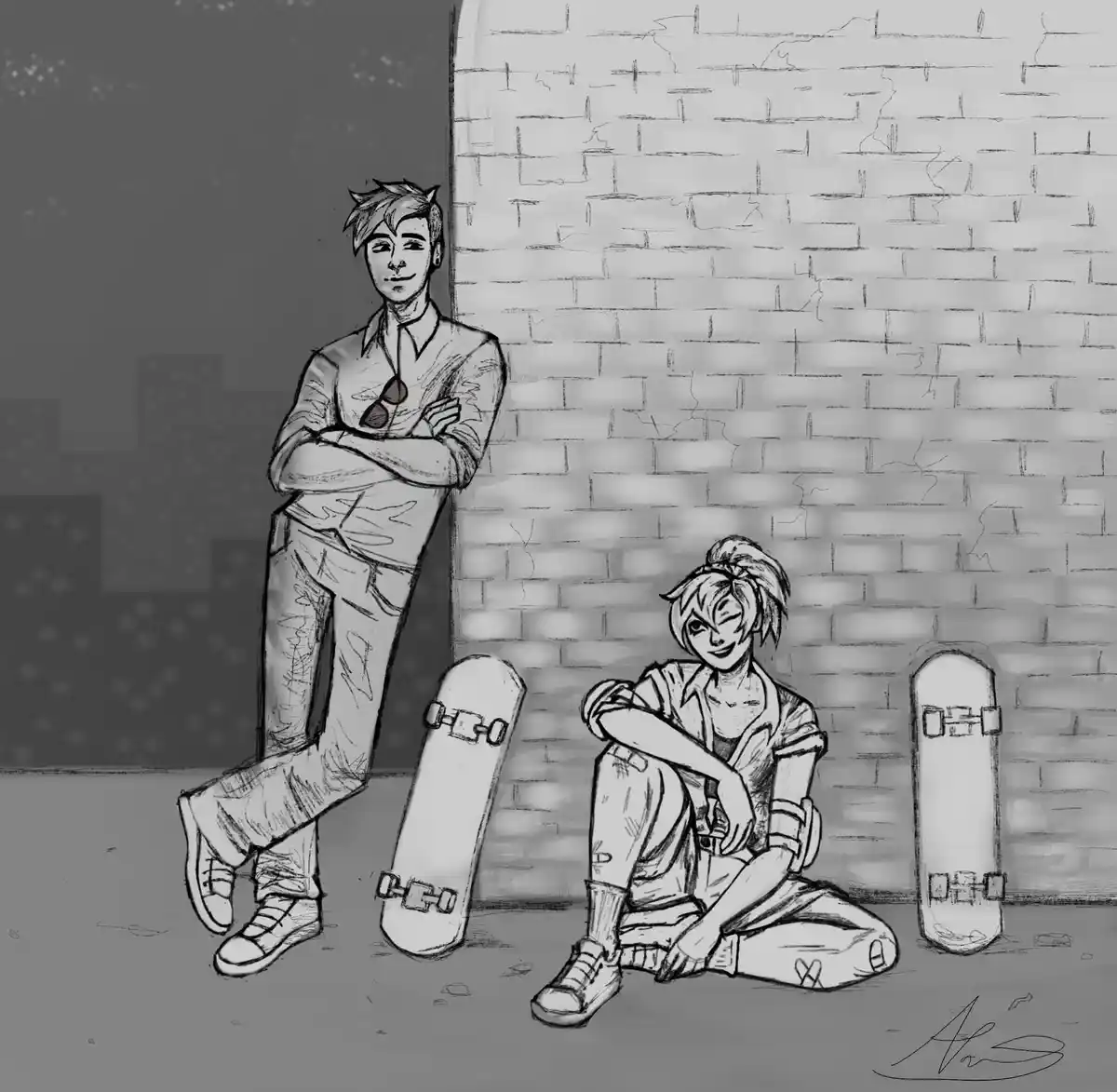 A black-and-white sketch shows two young people with skateboards near a brick wall; one stands confidently with arms crossed…