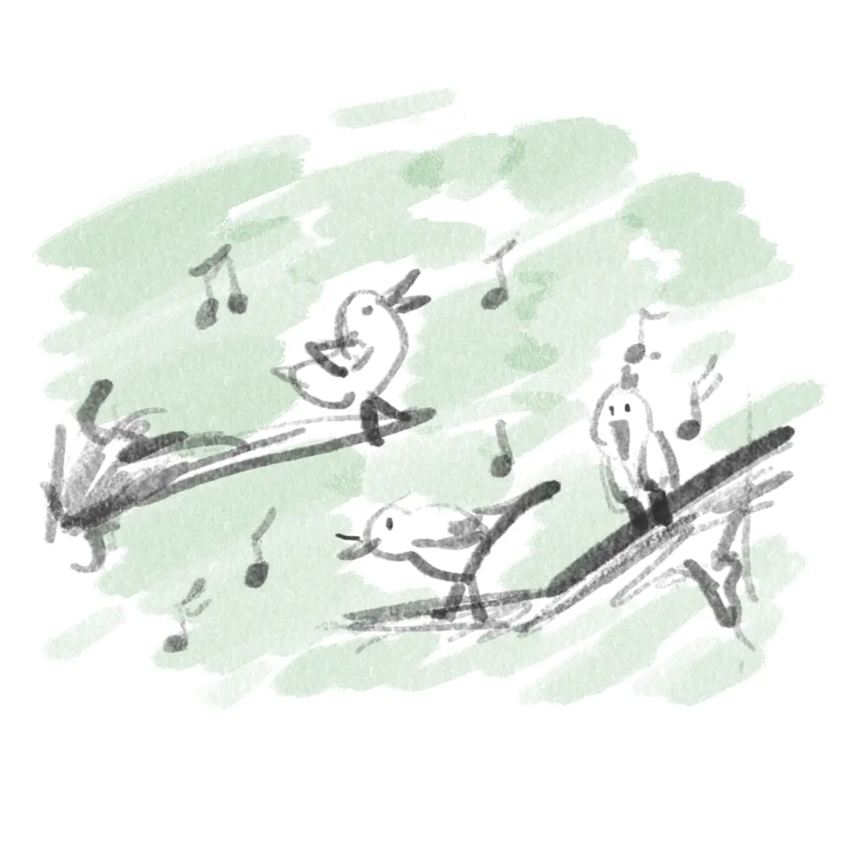 A watercolor-style illustration shows several stylized birds perched on tree branches against a soft green background, with…