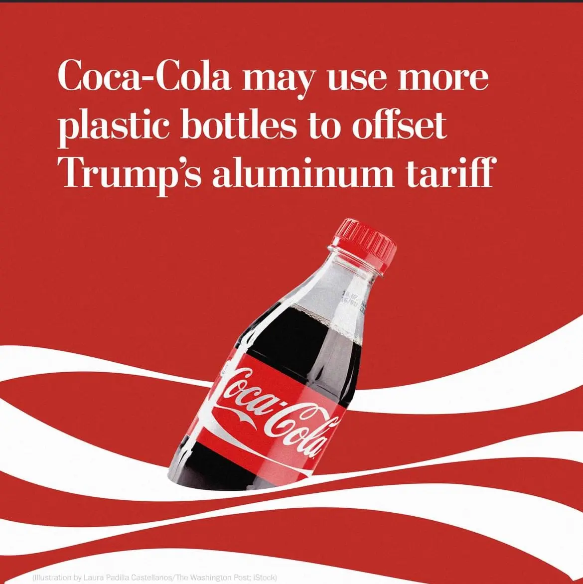 A glass Coca-Cola bottle with a red cap sits on a red background with white wavy lines, resembling the Coca-Cola logo. White…