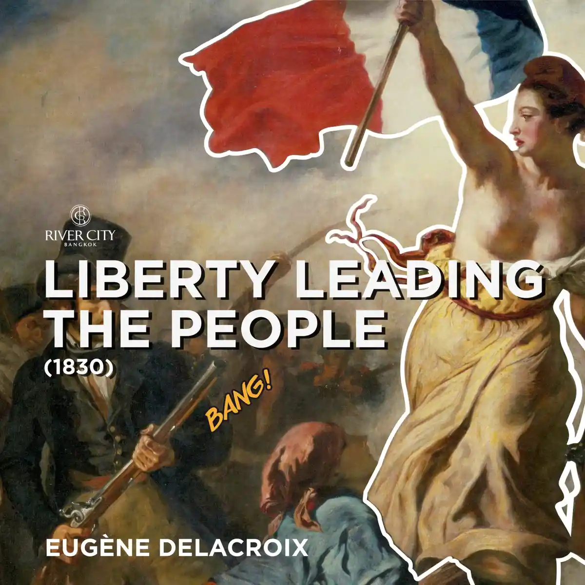 This image is a digitally altered version of Eugène Delacroix's 1830 painting 'Liberty Leading the People,' showing a woman…