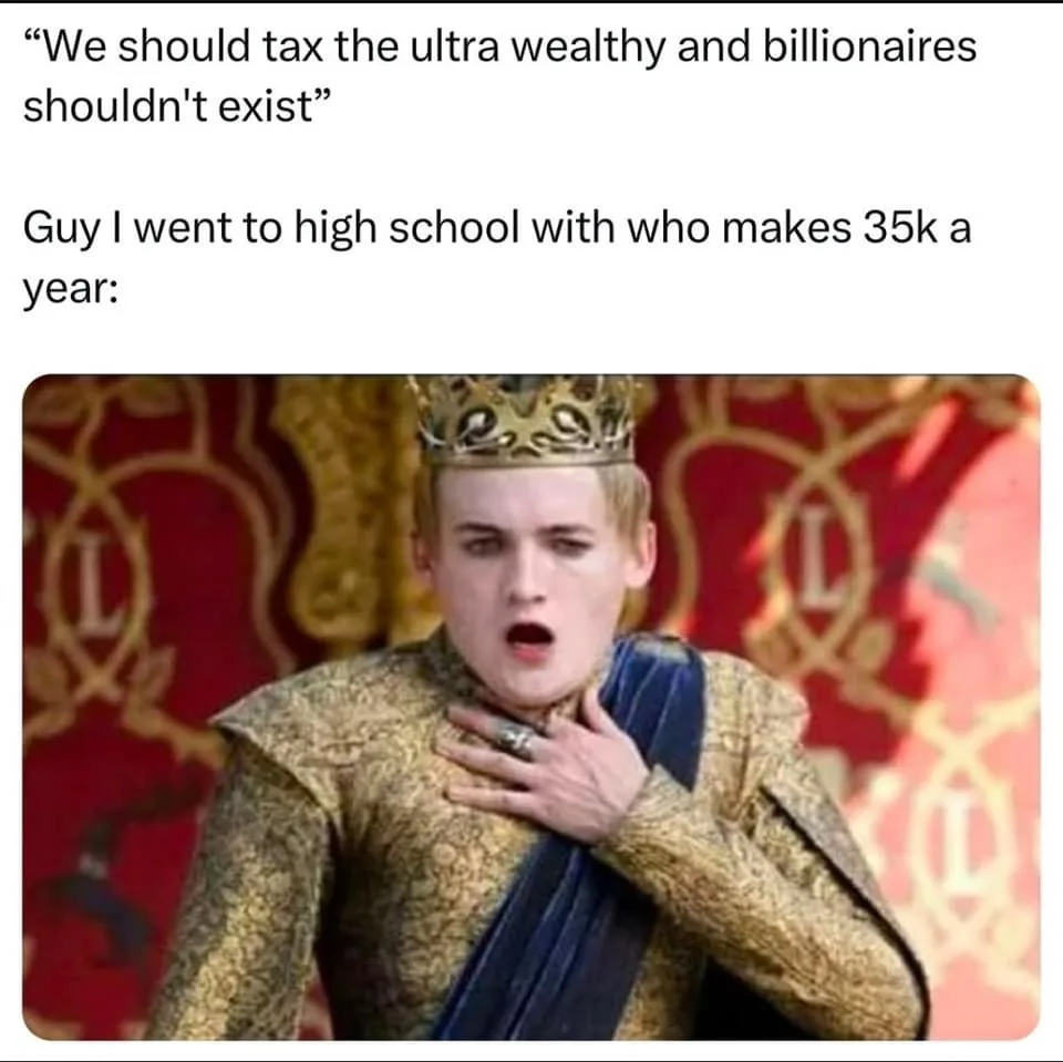A person wearing a golden crown and ornate royal robes, hand on throat, looks shocked and horrified. The overlaid text…