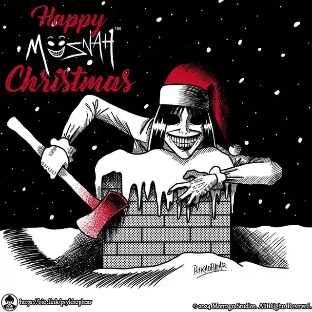 A black-and-white horror illustration shows a skeletal, smiling figure wearing a red Santa hat, emerging from a snow-covered…