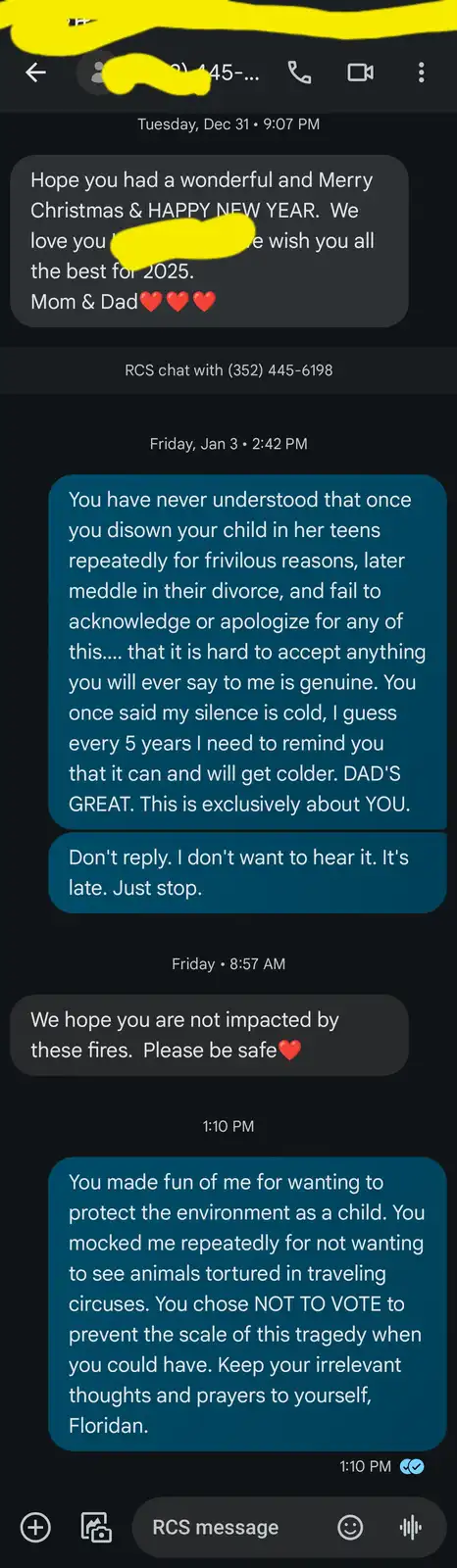 A screenshot of a text message conversation shows a child's angry, detailed message to their parents, accusing them of past…
