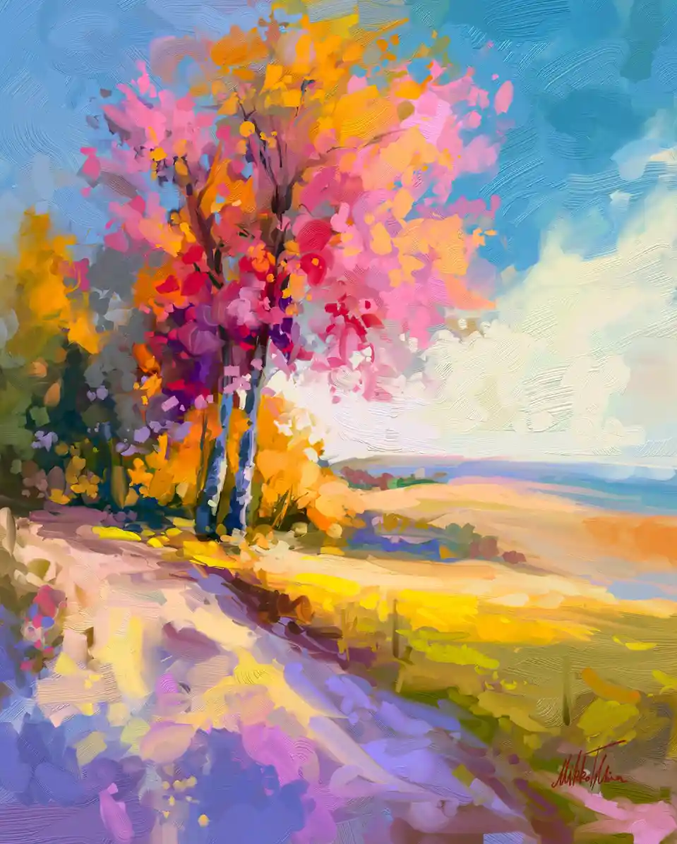A vibrant, impressionistic painting depicts a tree with pink, orange, and purple foliage against a blue sky with white…