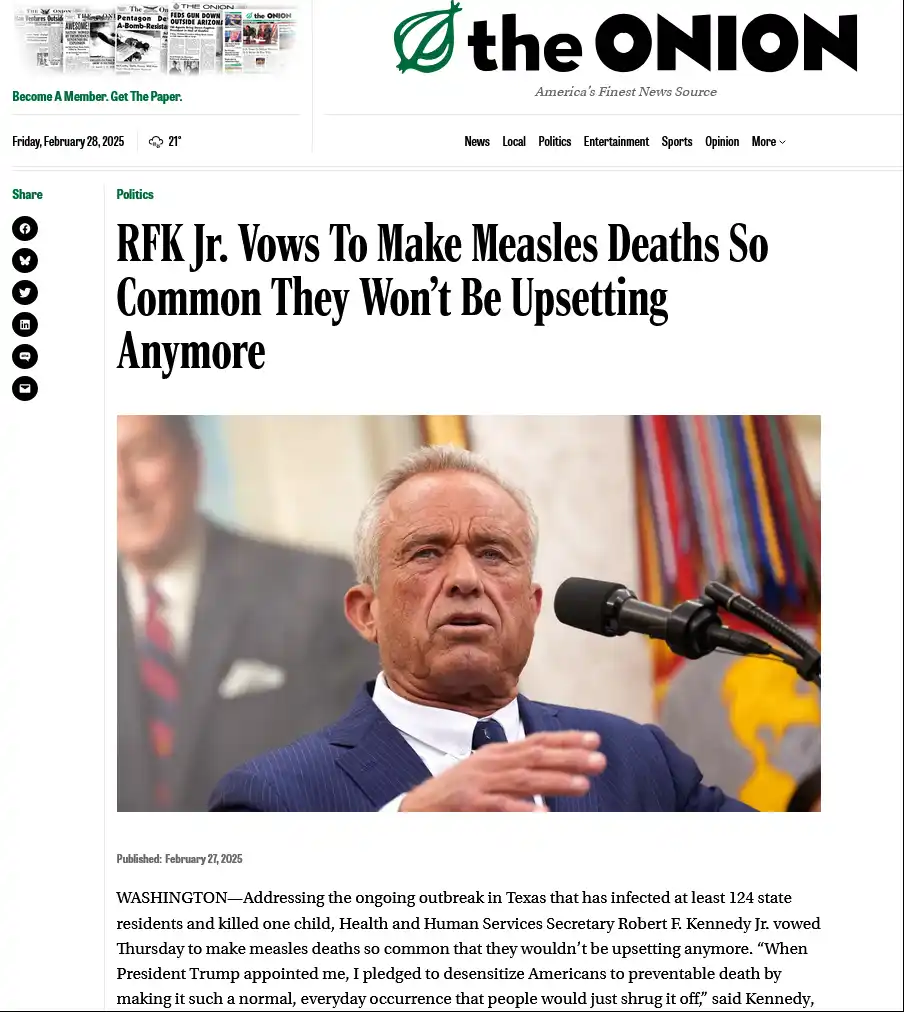A screenshot of a satirical news article from The Onion, featuring a photo of Robert F. Kennedy Jr. speaking at a podium…